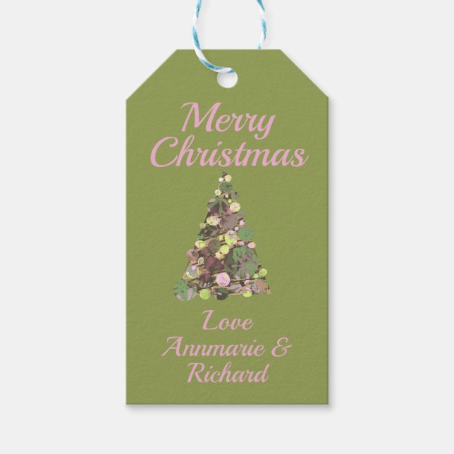 Frohe Weihnachten Grün rosa Baum auf Grün mit Name Geschenkanhänger (Vorderseite)