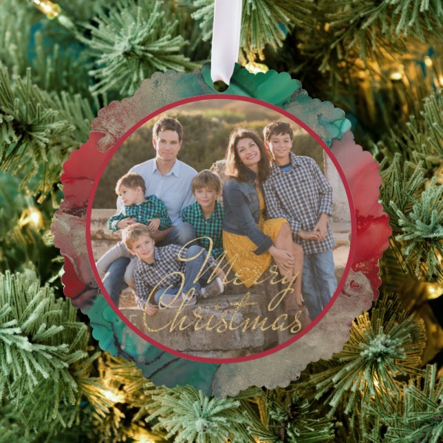 Frohe Weihnachten Grün Rot Foto Vorlage Ornament Karte (Insitu (Baum))