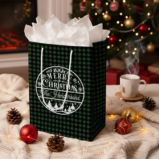 Frohe Weihnachten Grün & Schwarz Karierter Individ Mittlere Geschenktüte (Von Creator hochgeladen)