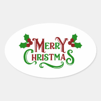 Frohe Weihnachten Grün und Rot Holly Graphic Ovaler Aufkleber