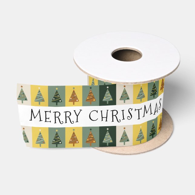Frohe Weihnachten Grüne Bäume Personalisierter Nam Satinband (Spule)