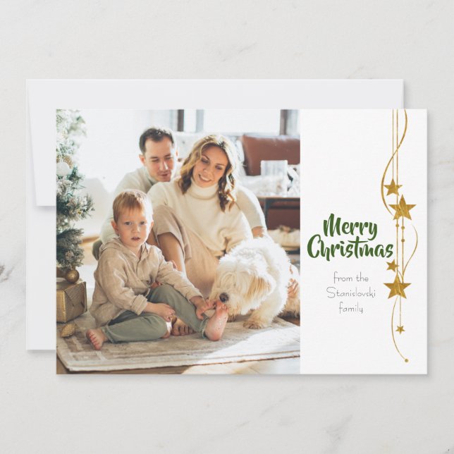 Frohe Weihnachten Grüne Gold Stars Modernes Foto  (Vorderseite)