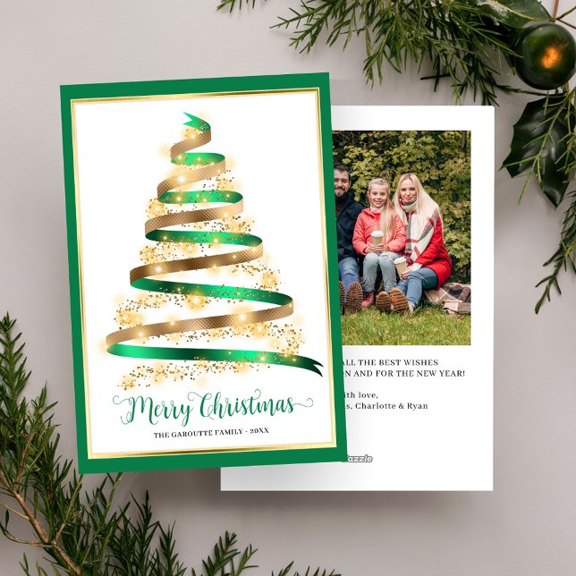 Frohe Weihnachten Grüne Gold Tree Foto (Merry Christmas Green Gold Tree Photo Holiday Card)