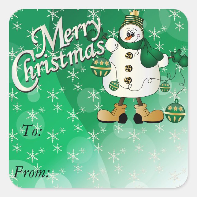 Frohe Weihnachten Grüne Ornament Snowman Quadratischer Aufkleber (Vorderseite)