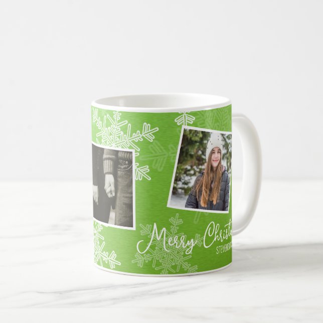 Frohe Weihnachten Grüne Schneeflocken FotoCollage Kaffeetasse (VorderseiteRechts)