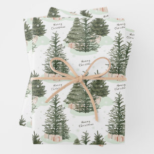 Frohe Weihnachten Grüne Tannen und Geschenke Geschenkpapier Set