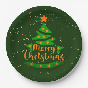 Frohe Weihnachten Grüne Tree Gold Orange Stars 9" Pappteller