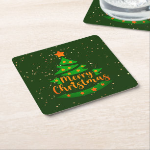 Frohe Weihnachten Grüne Tree Gold Orange Stars Rechteckiger Pappuntersetzer