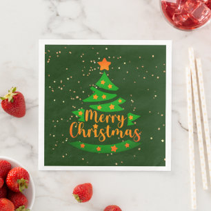 Frohe Weihnachten Grüne Tree Gold Orange Stars Serviette