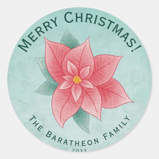 Frohe Weihnachten Grüne Wasserfarbe Poinsettia Runder Aufkleber (Vorderseite)