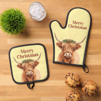 Frohe Weihnachten Grünzeug Highland Miniaturkuh Ofenhandschuh & Topflappen-Set