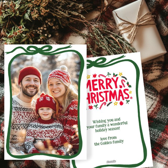Frohe Weihnachten handGezeichnet CUSTOM-FOTO (Merry Christmas Hand-Drawn Bow Frame CUSTOM PHOTO Holiday Card
)
