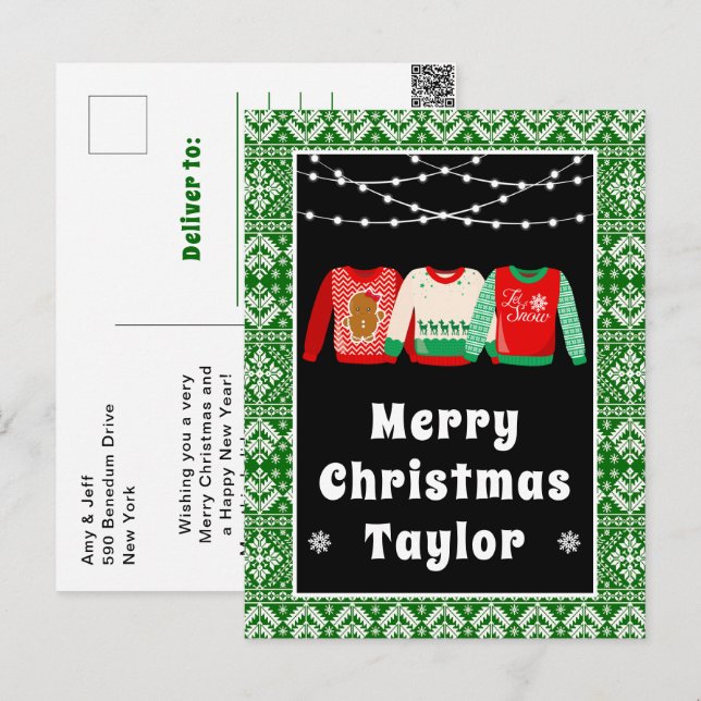 Frohe Weihnachten hässliche Pullover grün mit Name (Vorne/Hinten)