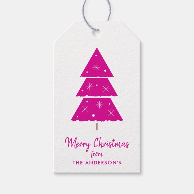 Frohe Weihnachten heiß rosa Weihnachtsbaum Schneef Geschenkanhänger (Vorderseite)