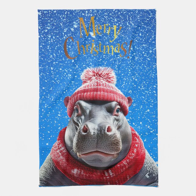 Frohe Weihnachten Hippo Weihnachtsmannmütze und Sc Geschirrtuch (Vertikal)