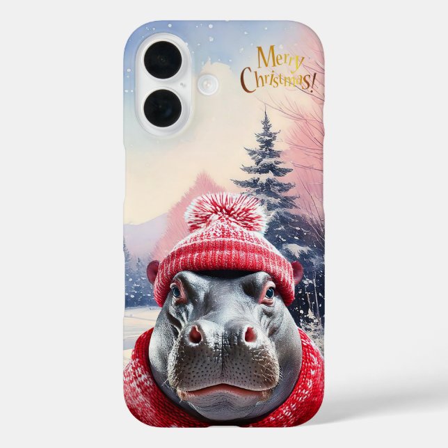 Frohe Weihnachten Hippo Weihnachtsmannmütze und Sc iPhone 16 Hülle (Rückseite)