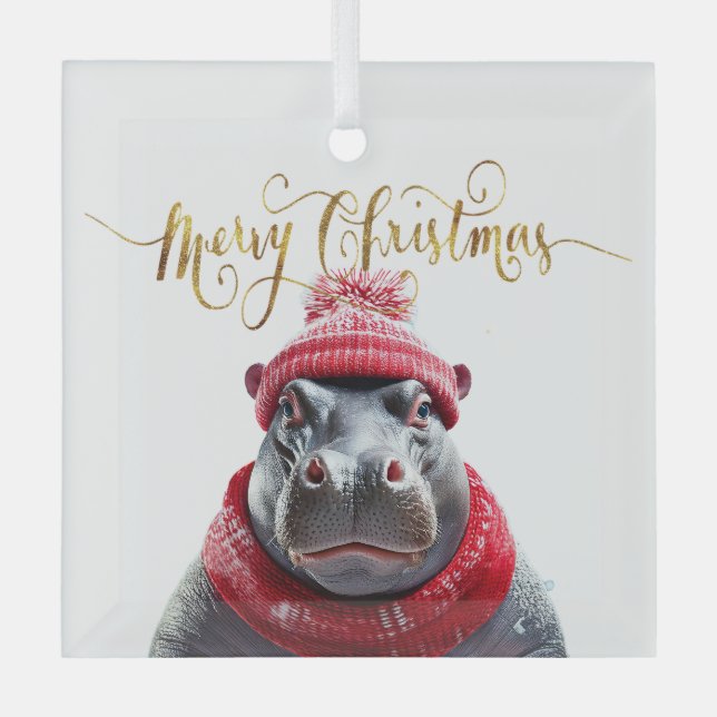 Frohe Weihnachten Hippo Weihnachtsmannmütze und Sc Ornament Aus Glas (Vorderseite)