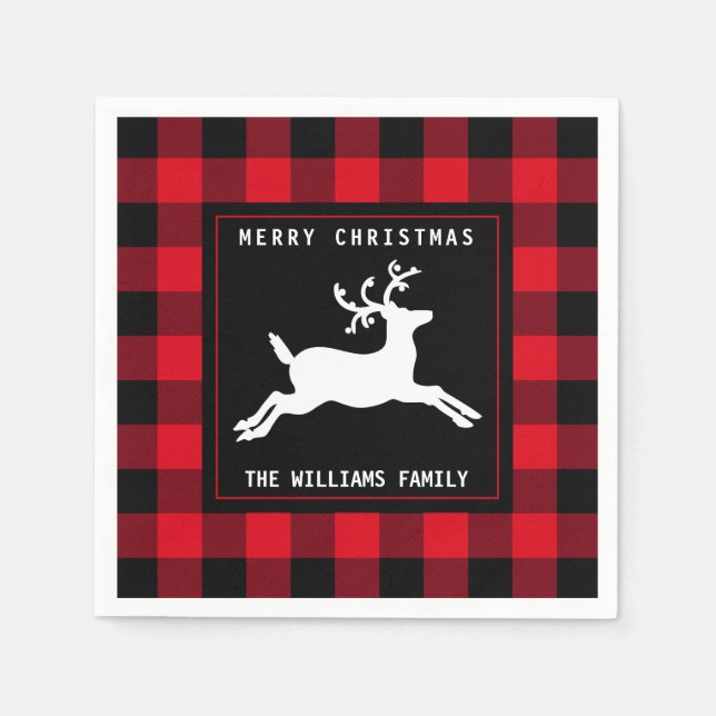 Frohe Weihnachten Hirsch Red Black Buffalo Karo Serviette (Vorderseite)