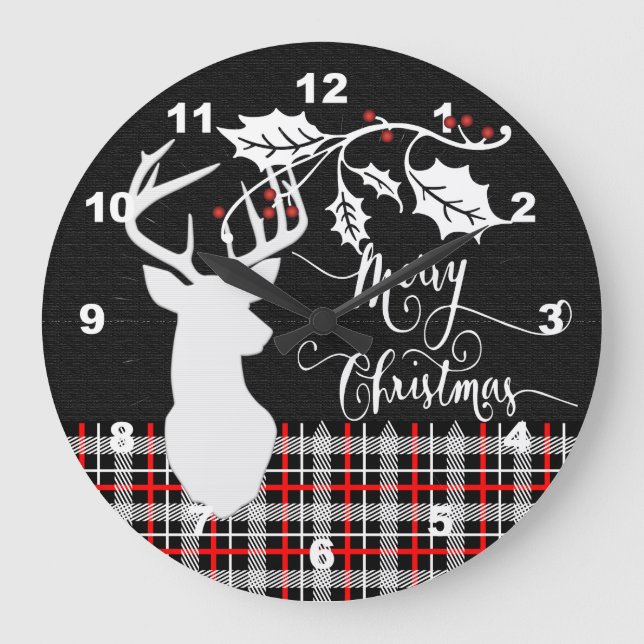 Frohe Weihnachten Hirsch - Rot Kariert Große Wanduhr (Vorderseite)