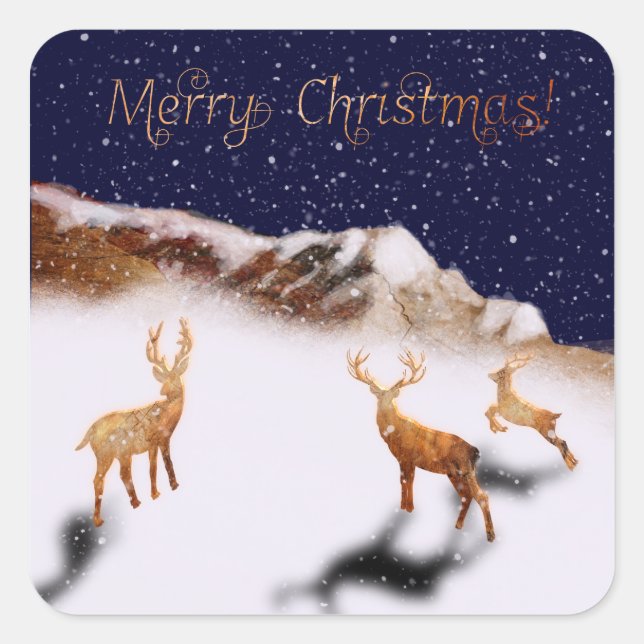 Frohe Weihnachten - Hirsche und Berge im Schnee Quadratischer Aufkleber (Vorderseite)