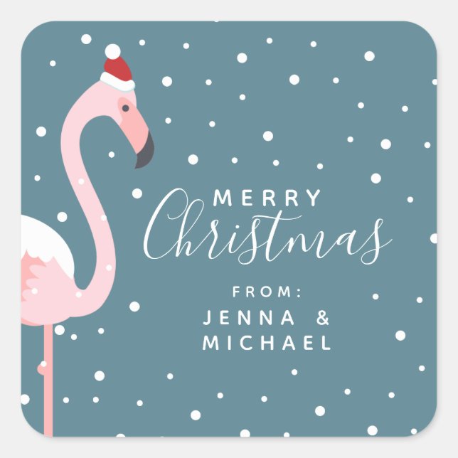 Frohe Weihnachten | Holiday Tropical Flamingo Quadratischer Aufkleber (Vorderseite)