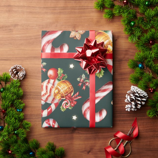 Frohe Weihnachten Holly Berries Candy Cane Red Bow Geschenkpapier (Feiertagsgeschenk)