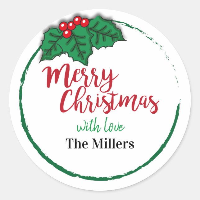 Frohe Weihnachten Holly Berries Personalisiert Runder Aufkleber (Vorderseite)