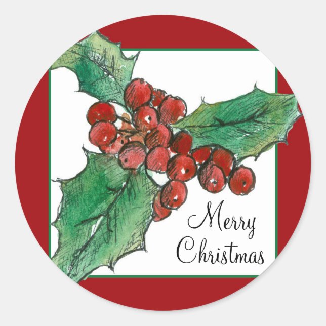 Frohe Weihnachten Holly Berries Pflanze Botanische Runder Aufkleber (Vorderseite)