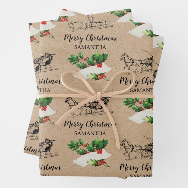Frohe Weihnachten Holly Berries Winter Kraft Brown Geschenkpapier Set (Beispiel)
