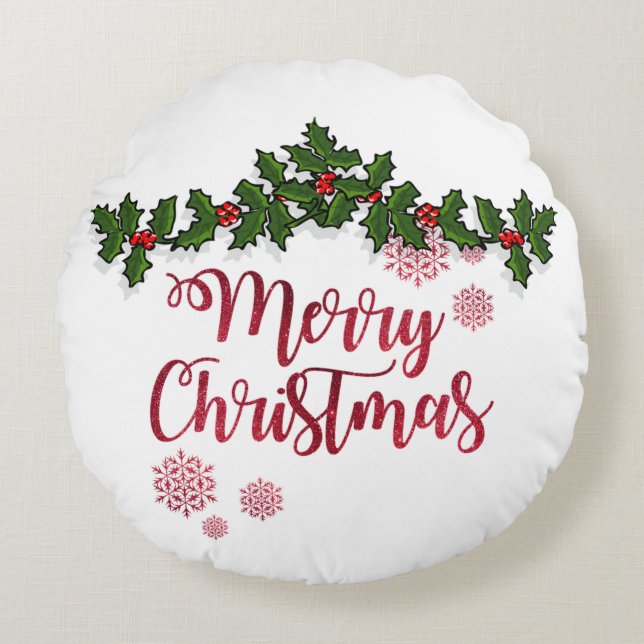 Frohe Weihnachten, Holly Berry Branches - Personal Rundes Kissen (Vorderseite)