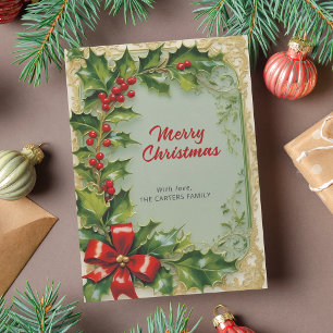 Frohe Weihnachten Holly Blätter Red Ribbon Frame