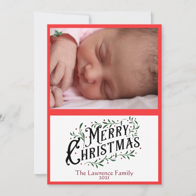 Frohe Weihnachten Holly Blätter und Berries Foto (Vorderseite)