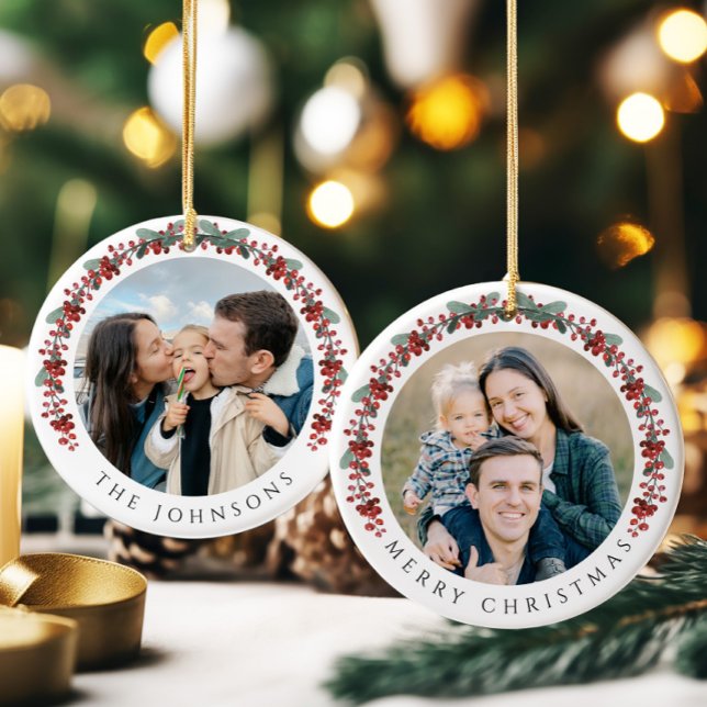 Frohe Weihnachten Holly Botanisches Foto Keramik Ornament (Merry Christmas Holly Botanical Photo Ceramic Ornament)