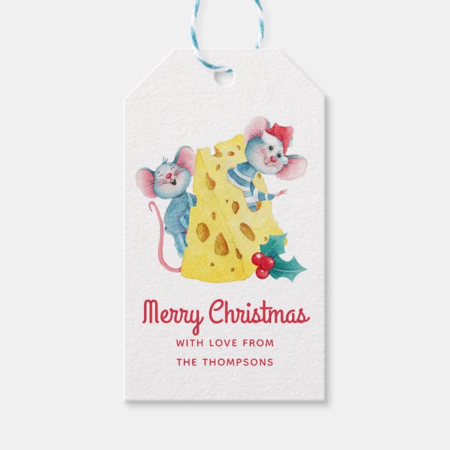 Frohe Weihnachten Holly Cheese Mäuse Personalisier Geschenkanhänger (Vorderseite)