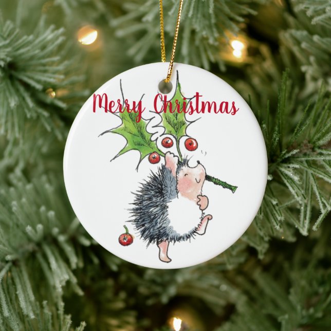 Frohe Weihnachten Holly Igel Keramik Ornament (Baum)