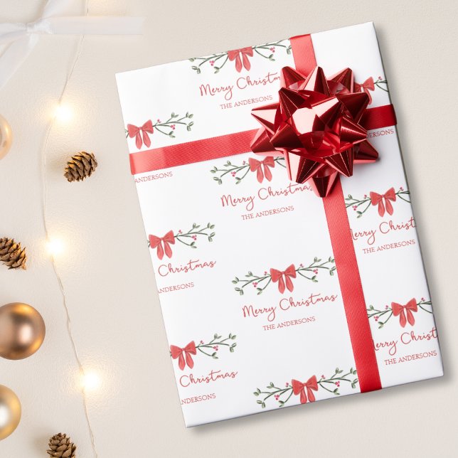 Frohe Weihnachten | Holly & Red Bow | Personalisie Geschenkpapier (Von Creator hochgeladen)