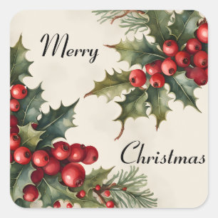 Frohe Weihnachten Holly Sprigs Quadratischer Aufkleber