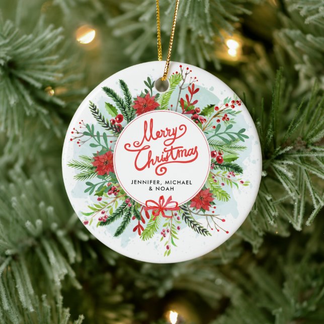 Frohe Weihnachten Holly Wreath Foto Keramik Ornament (Baum)