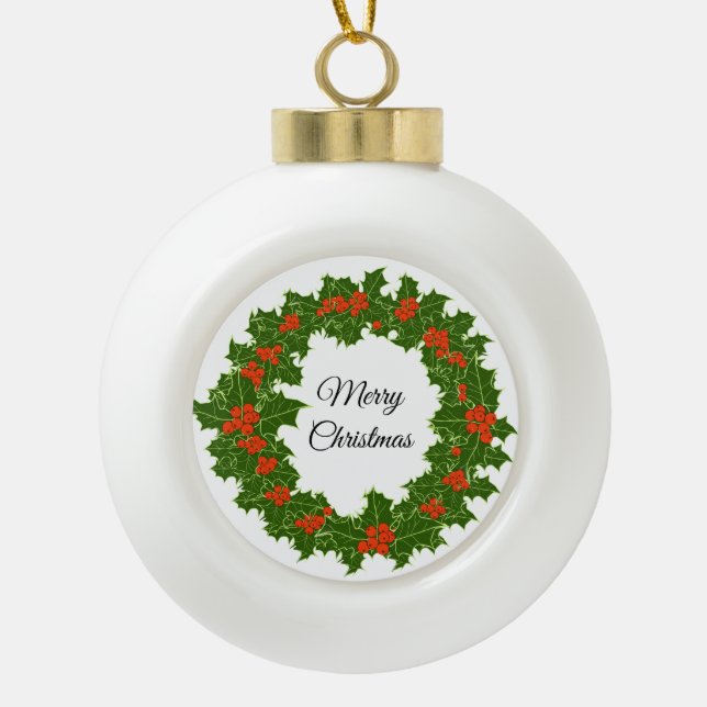 Frohe Weihnachten Holly Wreath Keramik Kugel-Ornament (Vorderseite)