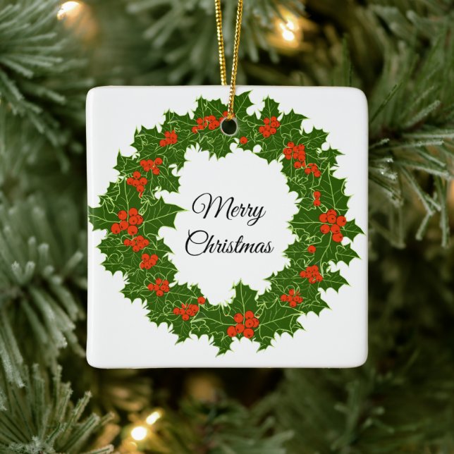 Frohe Weihnachten Holly Wreath Keramikornament (Baum)