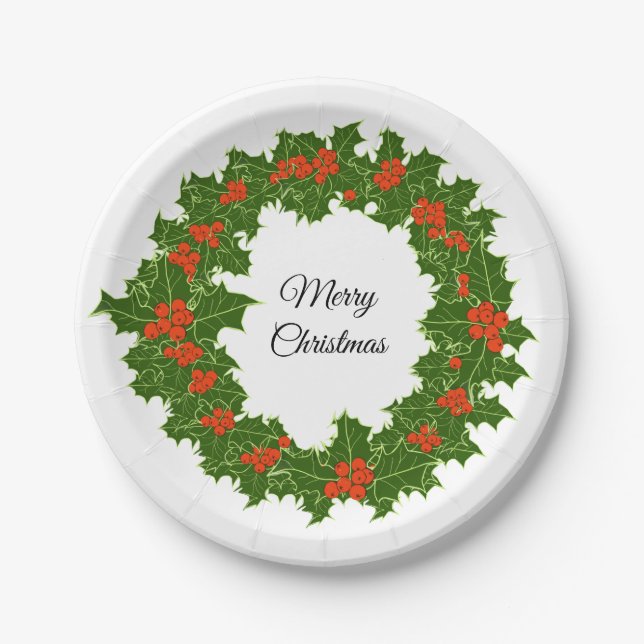 Frohe Weihnachten Holly Wreath Pappteller (Vorderseite)