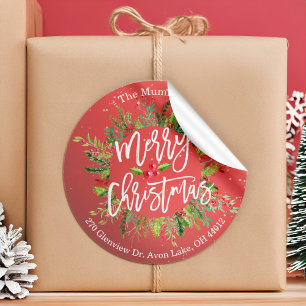Frohe Weihnachten Holly Wreath-Rücksendeadressen-A Runder Aufkleber