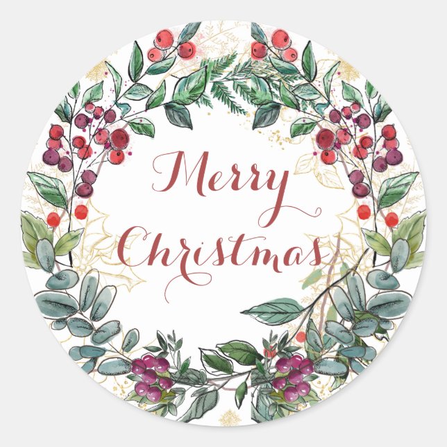 Frohe Weihnachten Holly Wreath Runder Aufkleber (Vorderseite)
