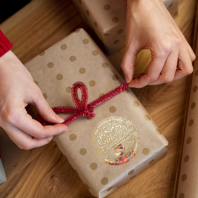 Frohe Weihnachten Holly Wreath UAWG Gold Santa Runder Aufkleber (Merry Christmas Holly Wreath RSVP Gold Santa Classic Round Sticker)