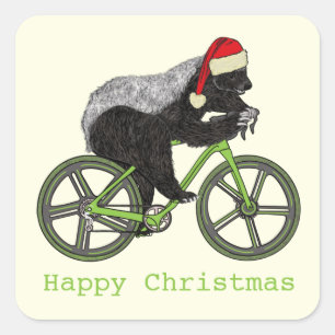 Frohe Weihnachten Honigdachs Auf Fahrrad Quadratischer Aufkleber