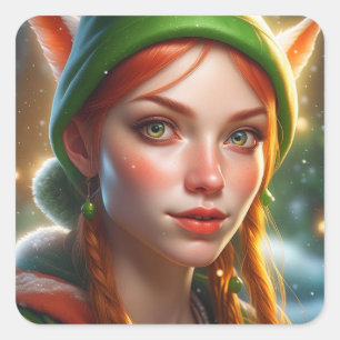 Frohe Weihnachten Hübsch Elf Quadratischer Aufkleber