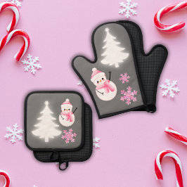 Frohe Weihnachten Hübsch in Rosa | Ofenhandschuh & Topflappen-Set