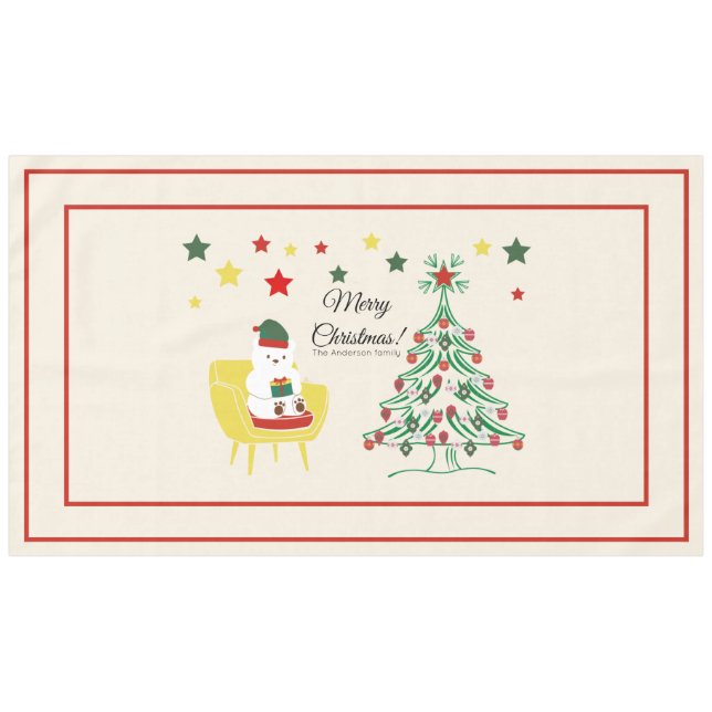 Frohe Weihnachten Hübscher Weißbär und Baummonogra Tischdecke (Vorderseite (Horizontal))