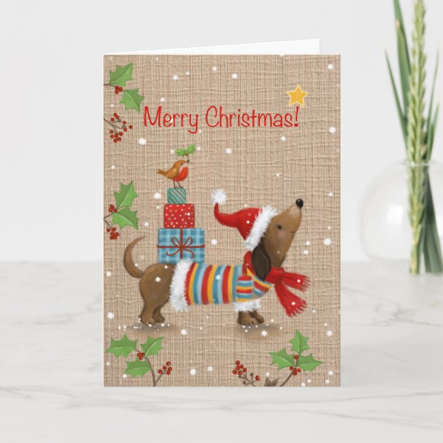 Frohe Weihnachten, Hund mit Geschenken auf seinem  Karte (Vorderseite)