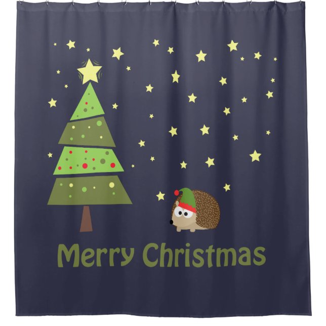 Frohe Weihnachten! Igel Elf Holiday Scene Duschvorhang (Vorderseite)